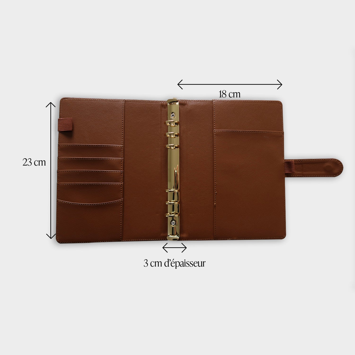 vue interieur, détails de la couverture en faux cuir marron grainé