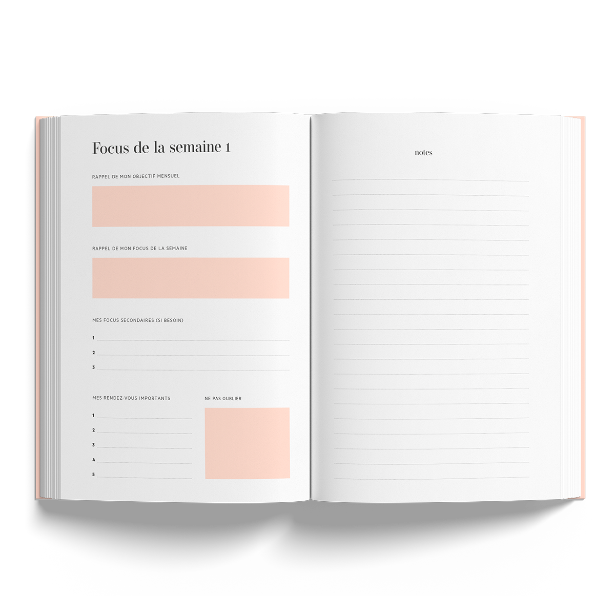 vue interieur du carnet focus, méthode focus, carnet de productivité, pour atteindre ses objectifs rapidement. Focus de la semaine