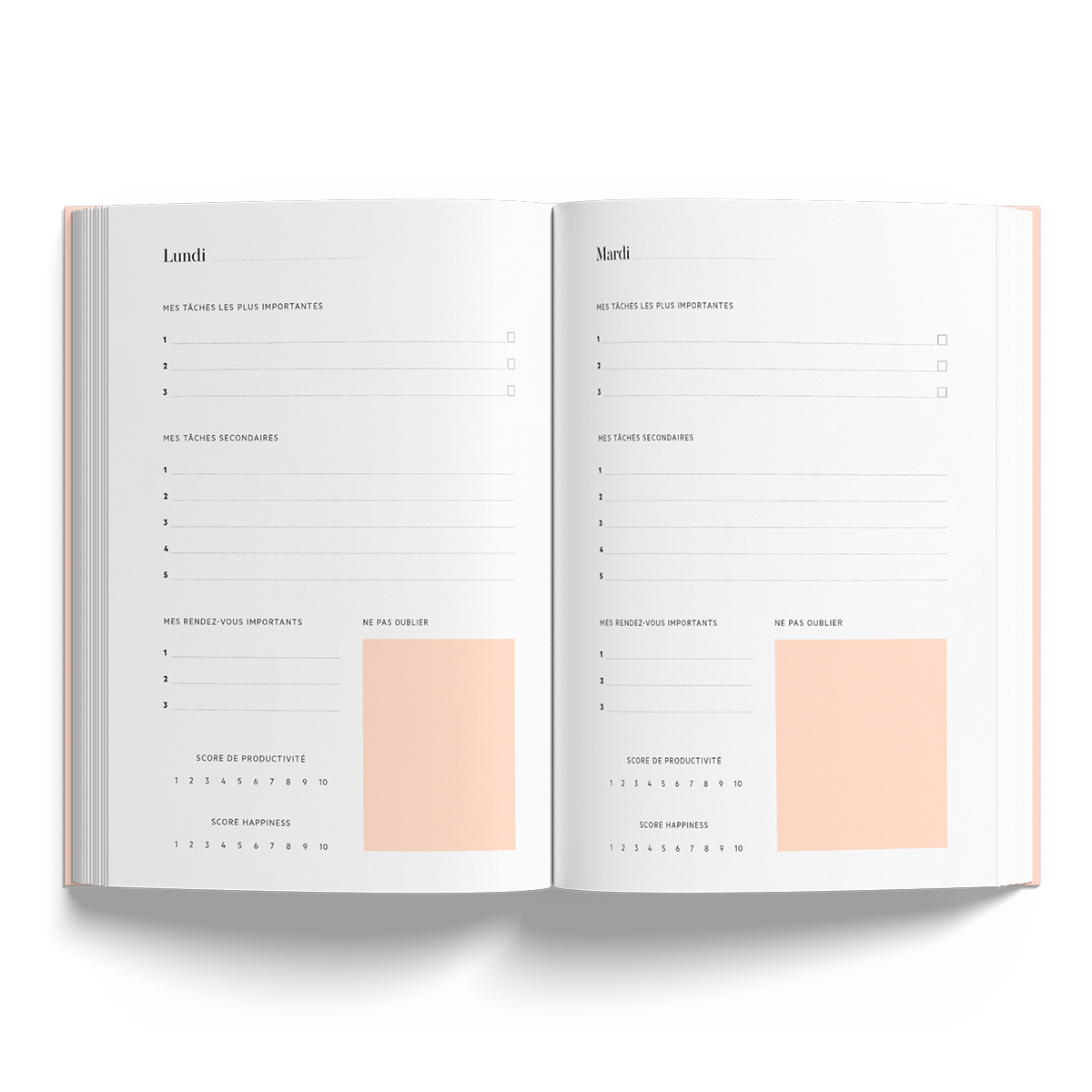 vue interieur du carnet focus, méthode focus, carnet de productivité, pour atteindre ses objectifs rapidement. Pages lundi et mardi, taches importantes, secondaires, rendez vous, ne pas oublier, score de productivité et score happiness