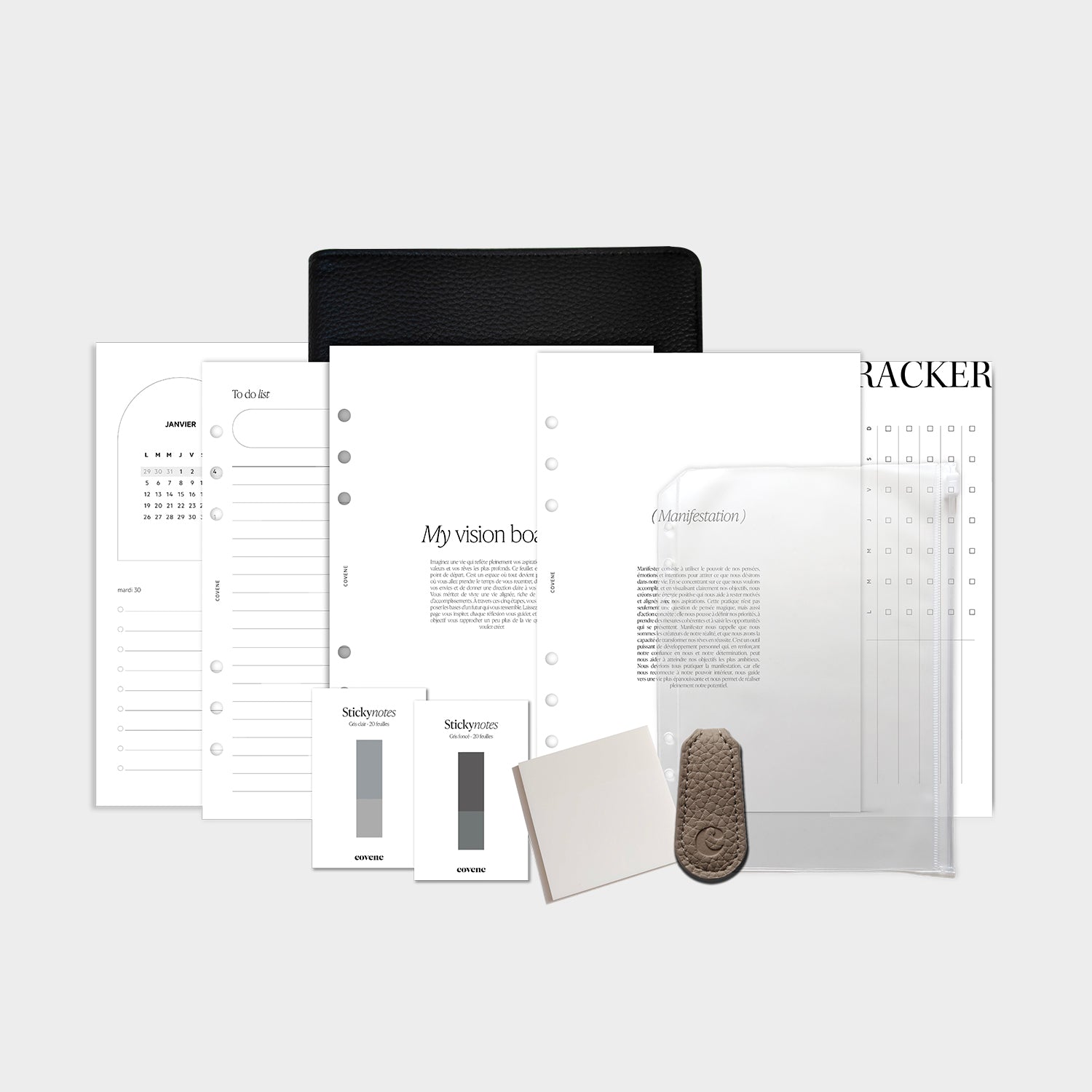 pack Glowup personnalisable, couverture en faux cuir noir ou beige, agenda semainier 2026, recharges pages to do list, demi pages tracker d'habitudes, vision board, manifestation, marque page magnétique, post-it colorés et transparents