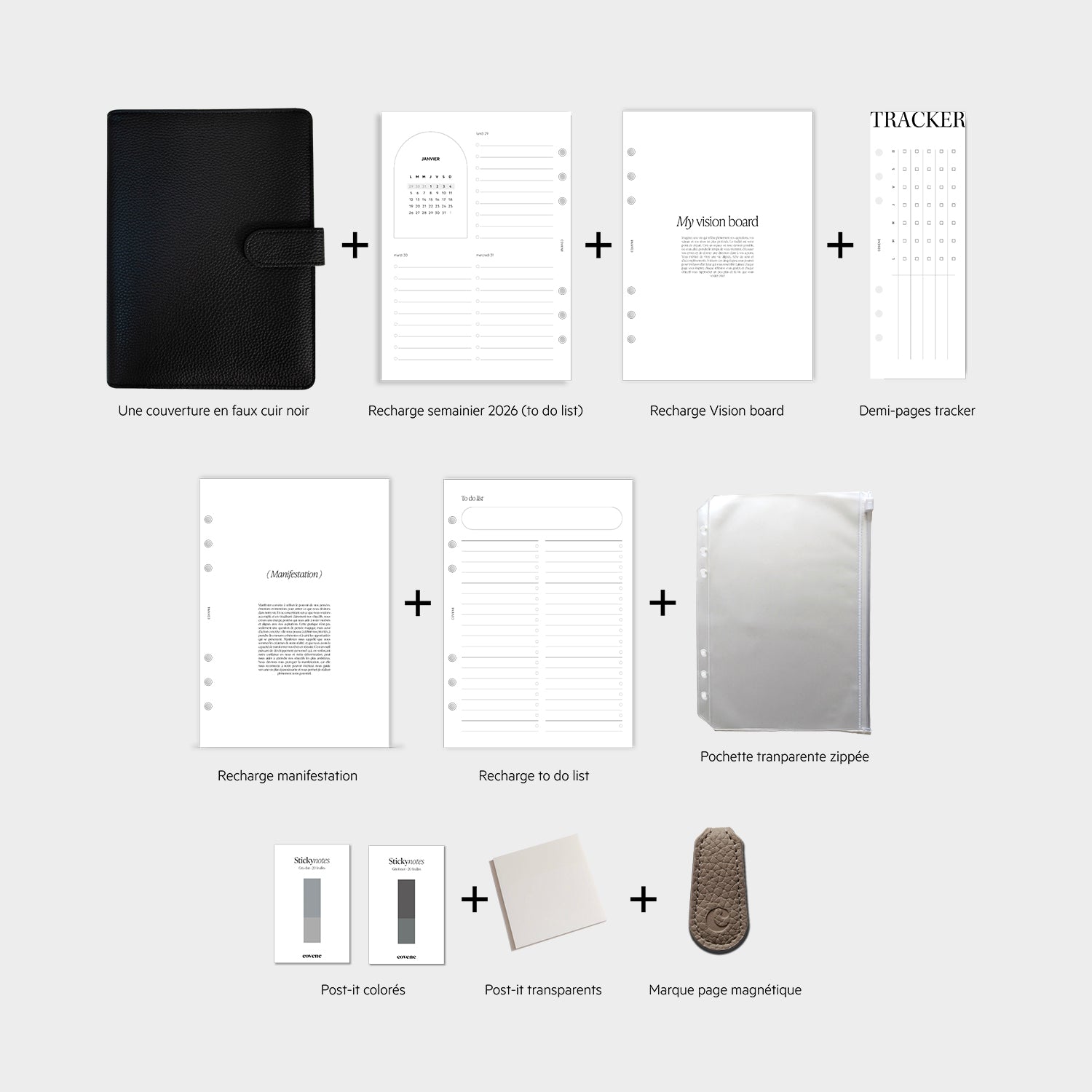 Détails du pack Glowup personnalisable, couverture en faux cuir noir ou beige, agenda semainier 2026, recharges pages to do list, demi pages tracker d'habitudes, vision board, manifestation, marque page magnétique, post-it colorés et transparents