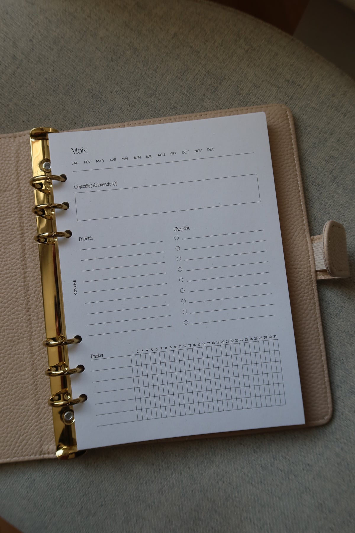 recharge mensuelle, agenda 6 anneaux, objectifs et intentions, priorités, checklist, tracker