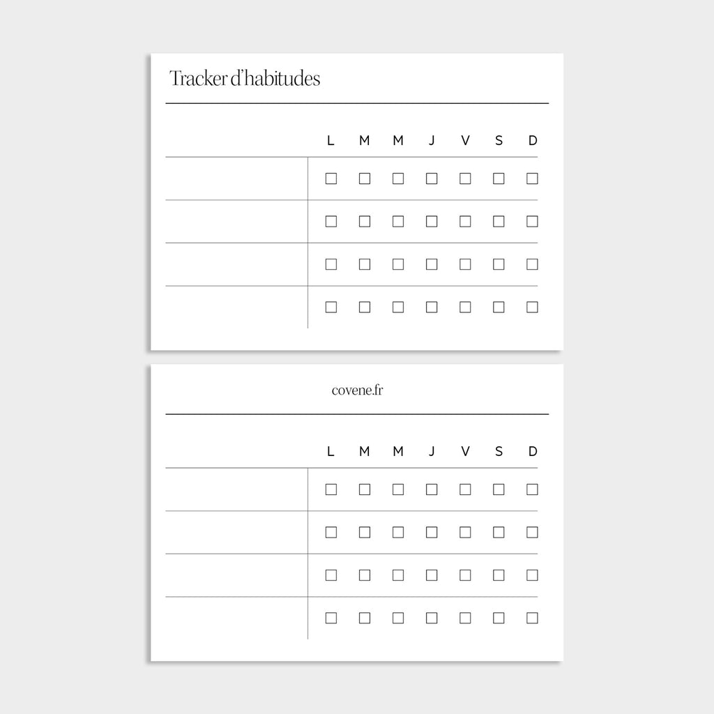 cartes tracker d'habitudes s à insérer dans le porte cartes de l'agenda sur-mesure. recto verso
