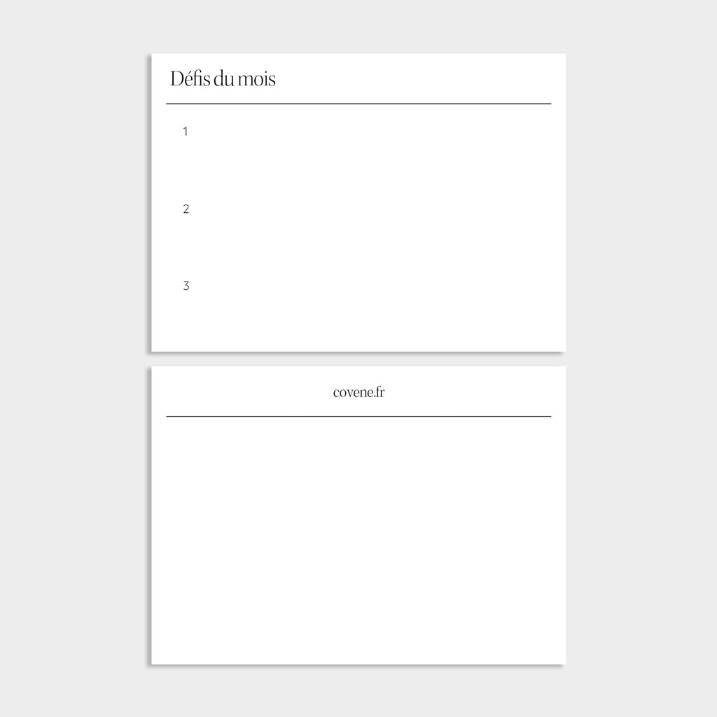 cartes defis du mois à insérer dans le porte cartes de l'agenda sur-mesure. 