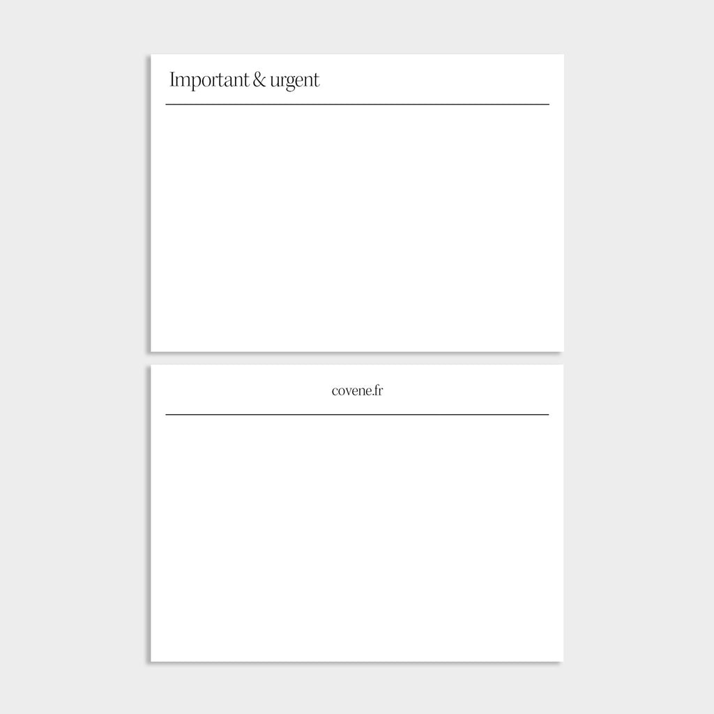 cartes important et urgent à insérer dans le porte cartes de l'agenda sur-mesure. recto verso
