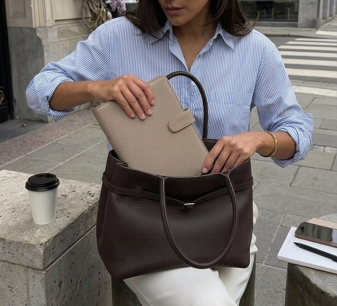 une femme qui met son agenda beige dans un sac à main