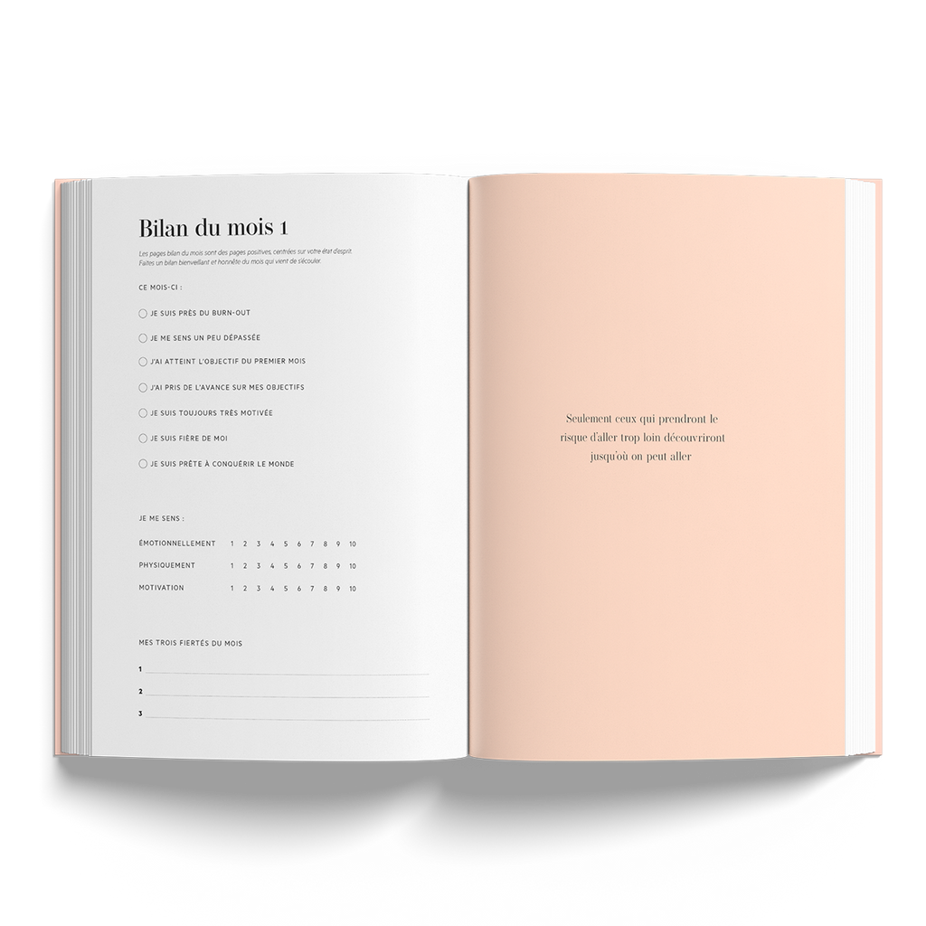 vue interieur du carnet focus, méthode focus, carnet de productivité, pour atteindre ses objectifs rapidement. Bilan du mois, citation