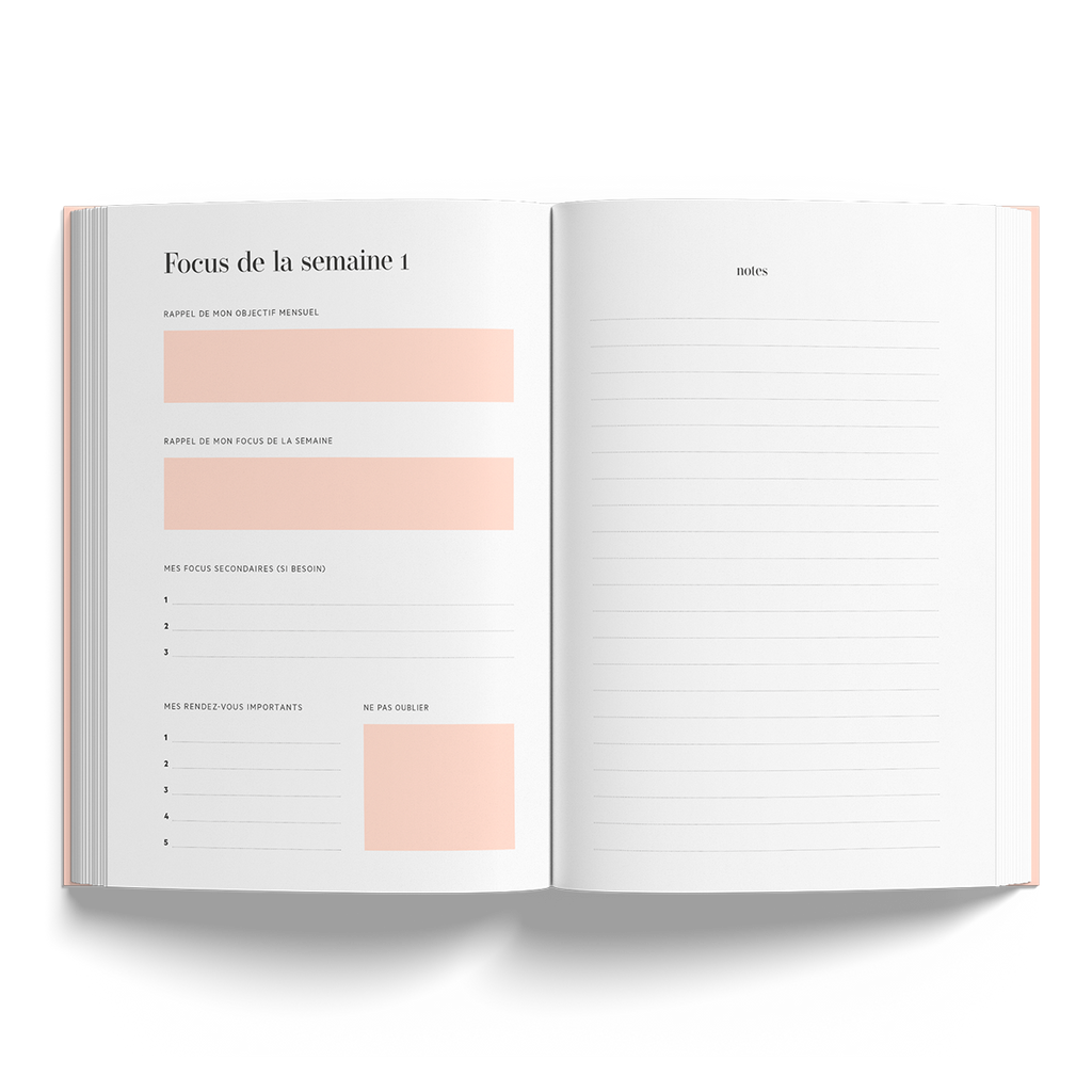 vue interieur du carnet focus, méthode focus, carnet de productivité, pour atteindre ses objectifs rapidement. Focus de la semaine