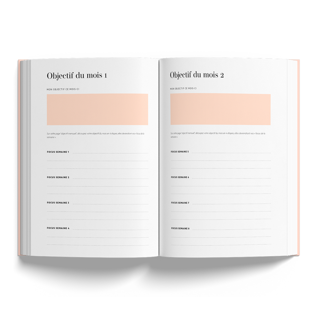 vue interieur du carnet focus, méthode focus, carnet de productivité, pour atteindre ses objectifs rapidement. Objectifs du mois 1 et 2, focus de la semaine