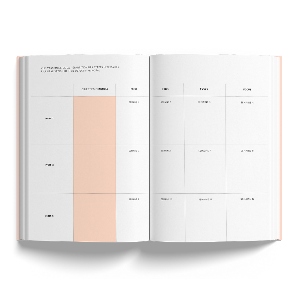 vue interieur du carnet focus, méthode focus, carnet de productivité, pour atteindre ses objectifs rapidement. Vue d'ensemble de la répartition des objectifs