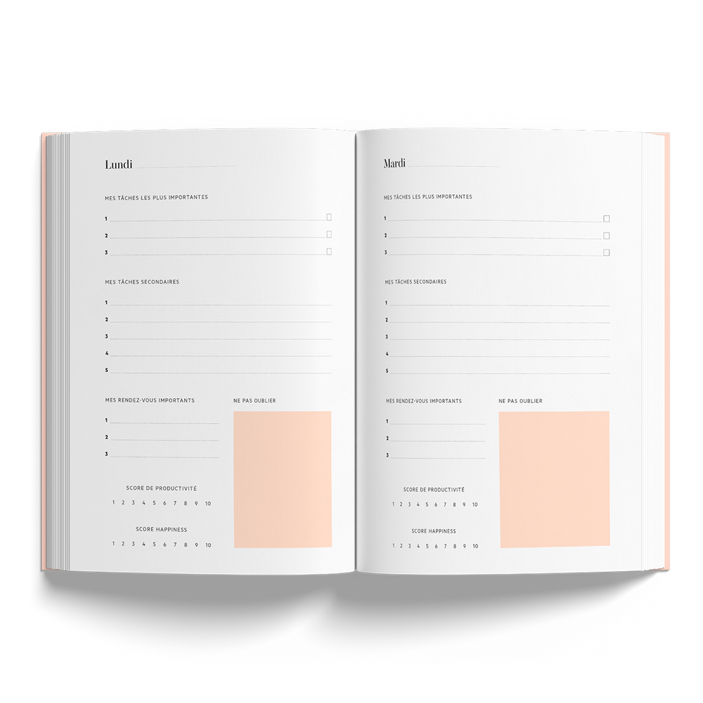 vue interieur du carnet focus, méthode focus, carnet de productivité, pour atteindre ses objectifs rapidement. Pages lundi et mardi, taches importantes, secondaires, rendez vous, ne pas oublier, score de productivité et score happiness