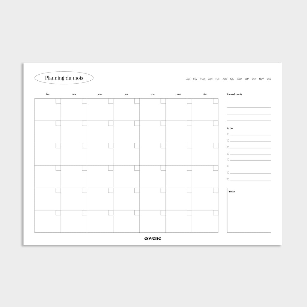 Bloc-notes planning semainier mensuel, du lundi au dimanche, focus du mois, espace pour to do list, et encadré notes. 25 feuilles. Non daté