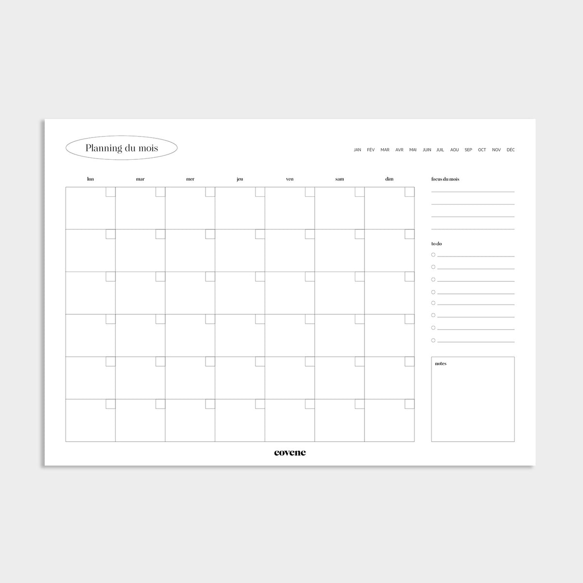 Bloc-notes planning semainier mensuel, du lundi au dimanche, focus du mois, espace pour to do list, et encadré notes. 25 feuilles. Non daté