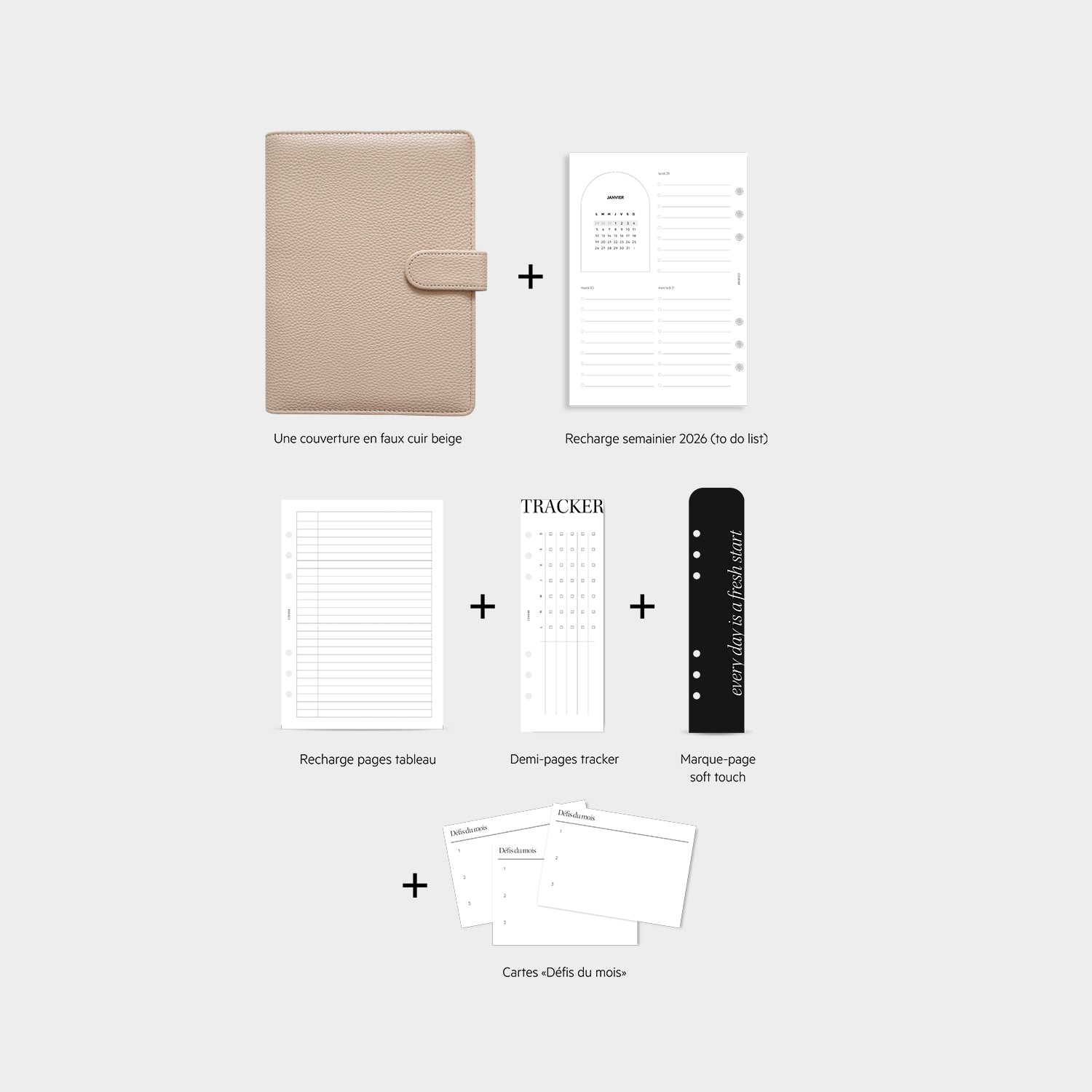 Détails du pack agenda personnalisable, couverture en faux cuir beige, agenda semainier 2026, pages notes, demi pages tracker d'habitudes, marque page, cartes défis du mois