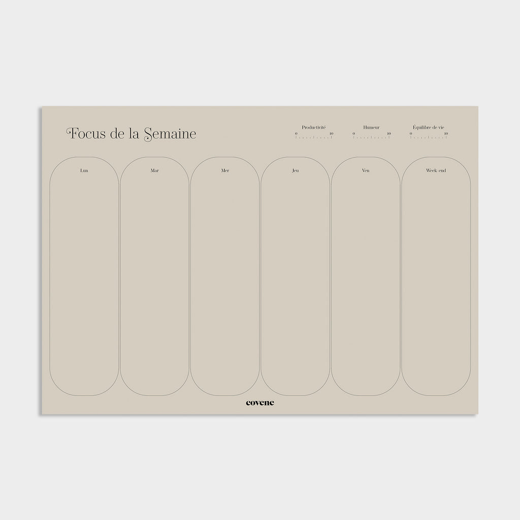 Bloc-notes planning semainier , du lundi au dimanche, 50 feuilles. Non daté score de productivité, humeur et équilibre de vie