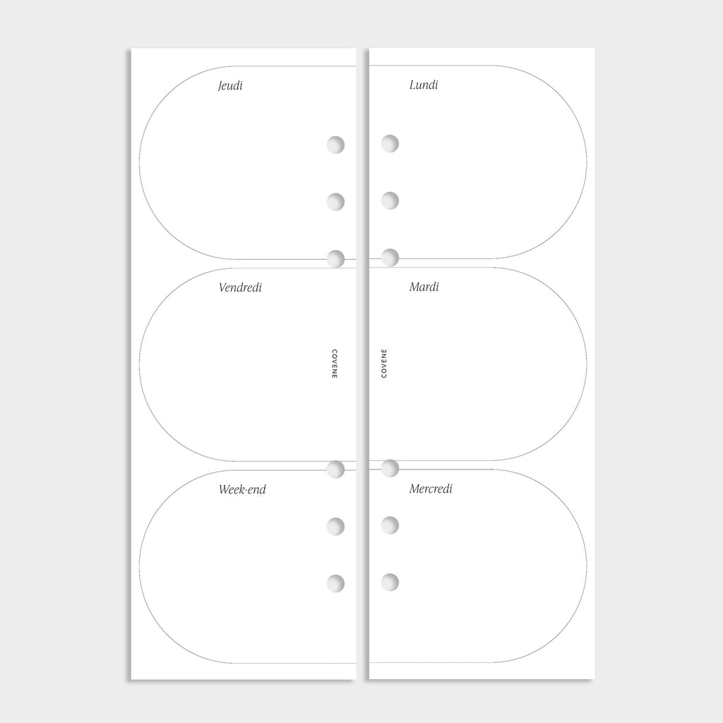 demi-pages pour agenda 6 anneaux, recharge semainier recto verso, du lundi au vendredi et week-end