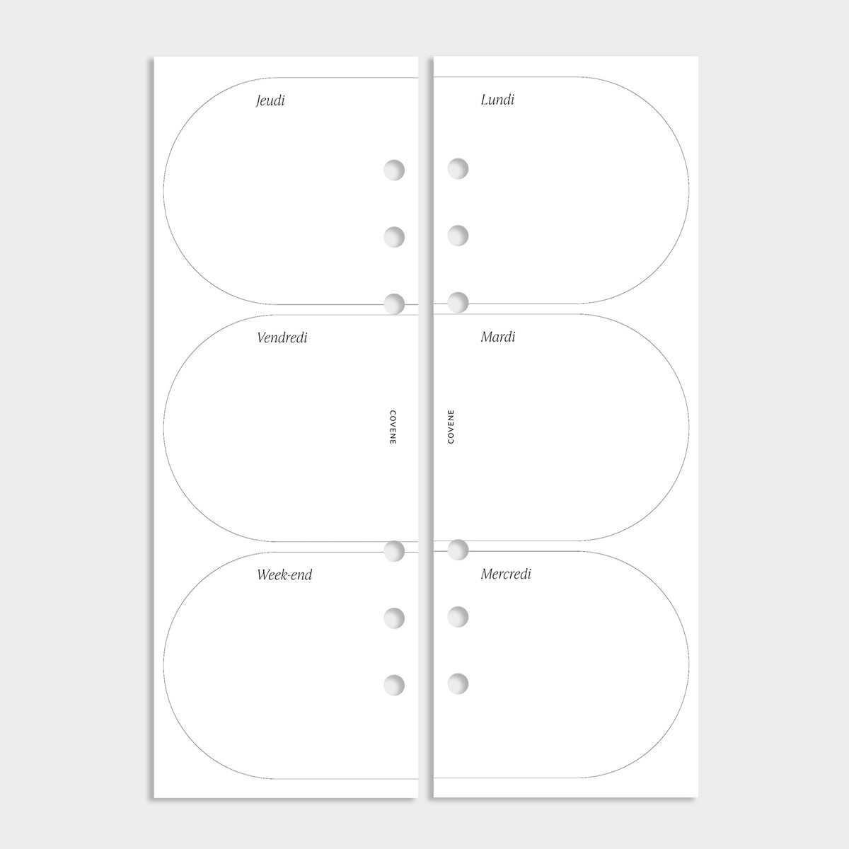 demi-pages pour agenda 6 anneaux, recharge semainier recto verso, du lundi au vendredi et week-end